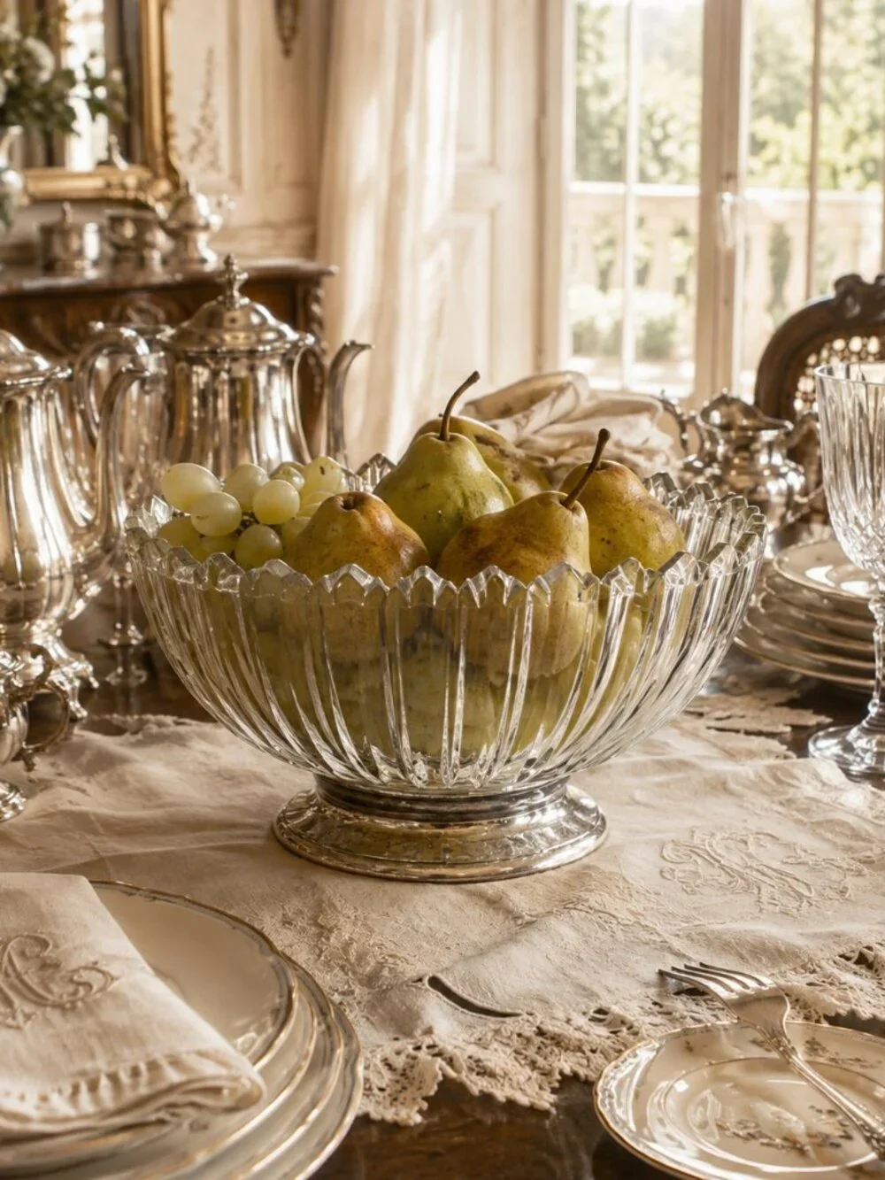 Vintage Silver Plated Footed Ribbed Glass Pedestal Serving Bowl